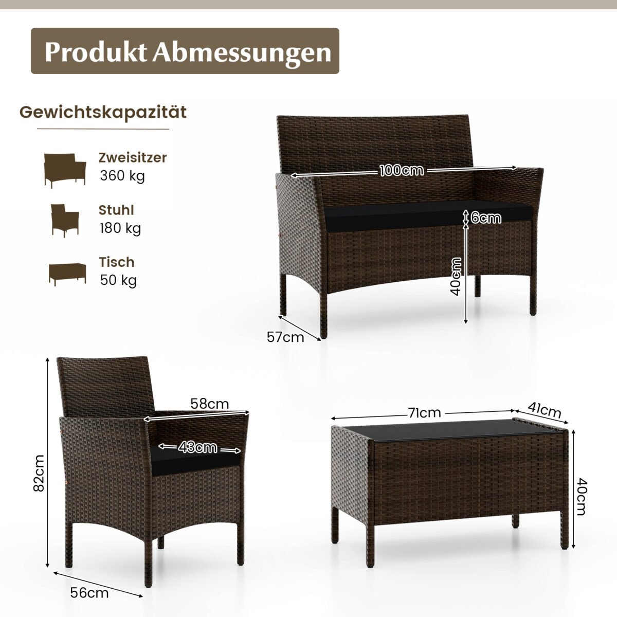 4 dalių ratano sodo baldų komplektas su stiklo stalviršiu (Juoda) – Paveikslėlis 2