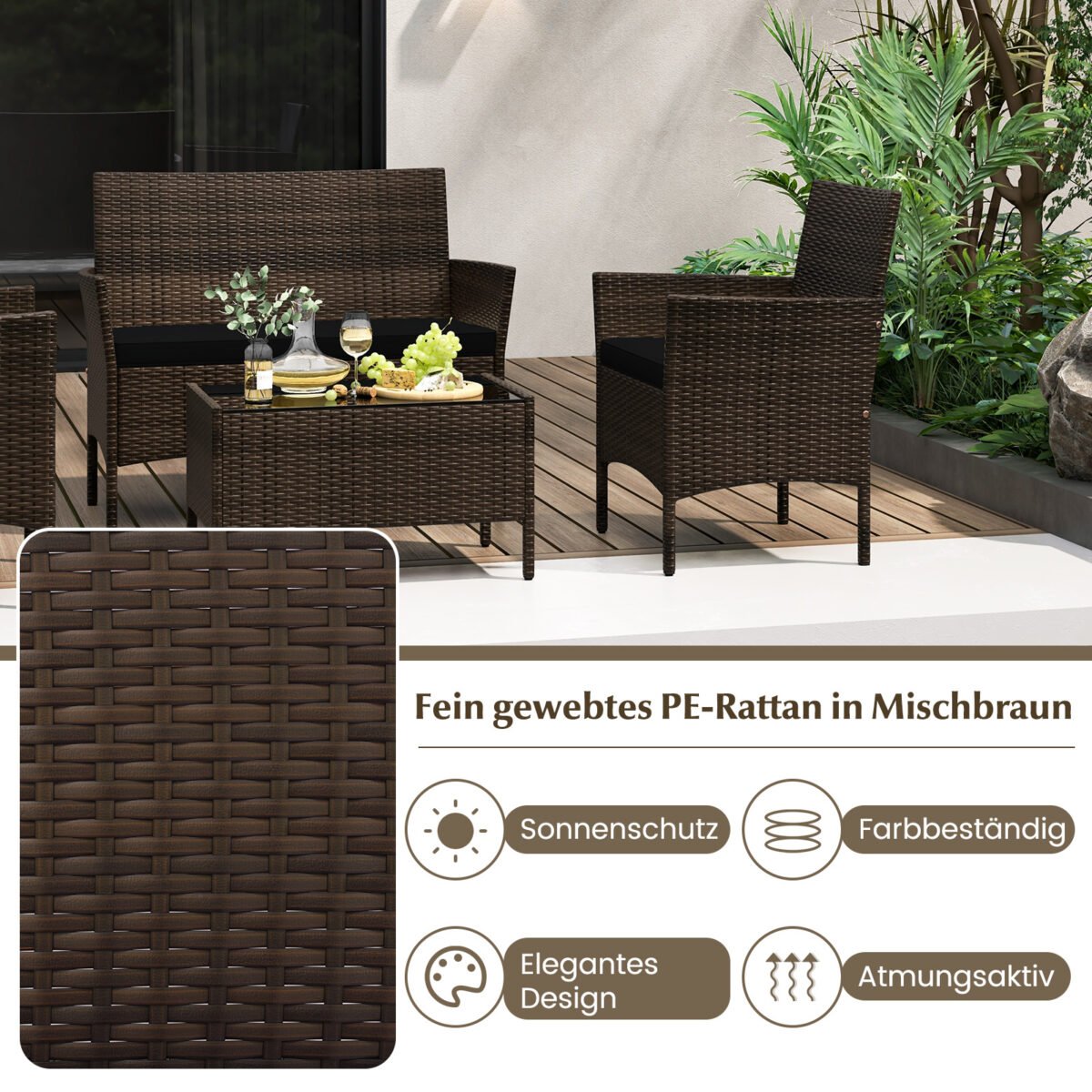 4 dalių ratano sodo baldų komplektas su stiklo stalviršiu (Juoda) – Paveikslėlis 4