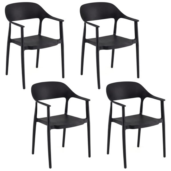 4 dalių rinkinys valgomojo kėdės su porankiais atsparios orams sukraunamos (Juoda)