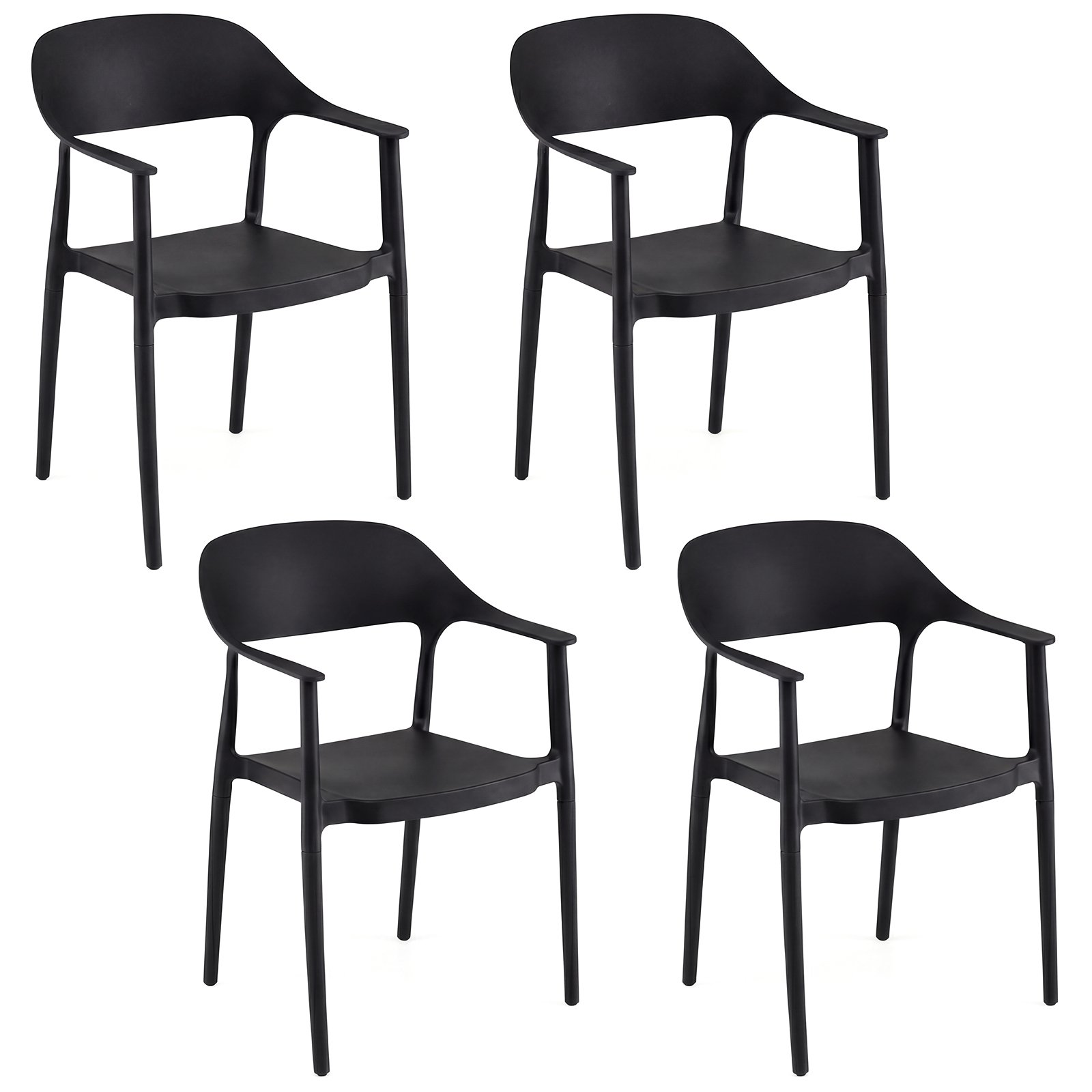 4 dalių rinkinys valgomojo kėdės su porankiais atsparios orams sukraunamos (Juoda)