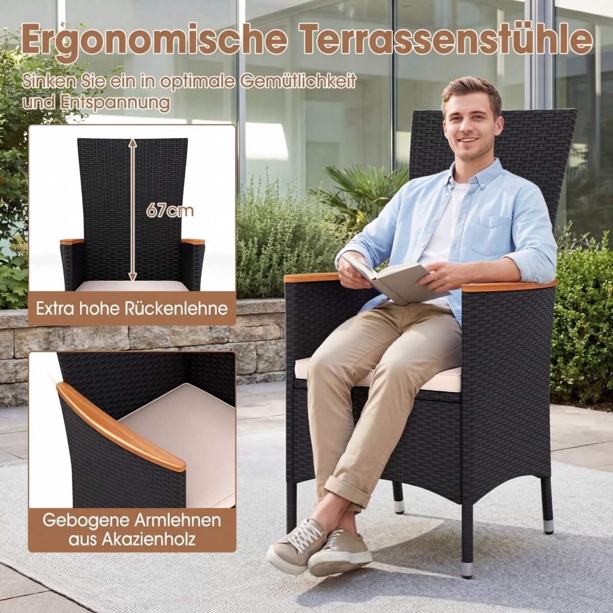 4 dalių rotango sodo kėdžių komplektas su sėdynės pagalvėlėmis ir aukštu atlošu (Smėlio) – Paveikslėlis 5