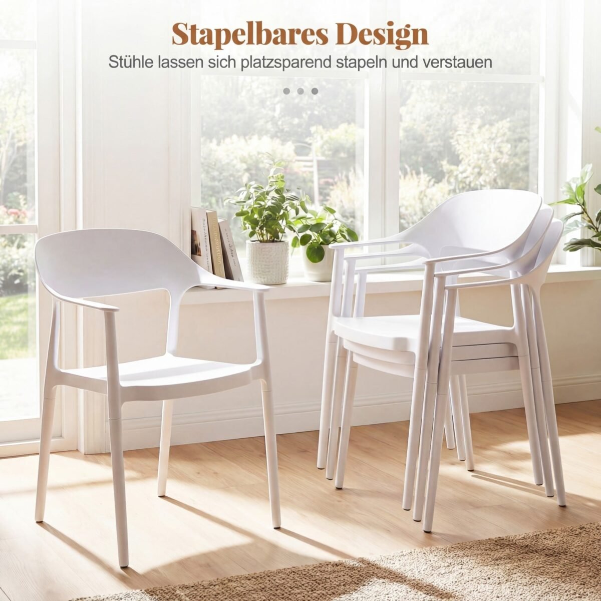 4 dalių valgomojo kėdžių rinkinys su porankiais atsparus oro sąlygoms ir sukraunamas (Balta) – Paveikslėlis 5