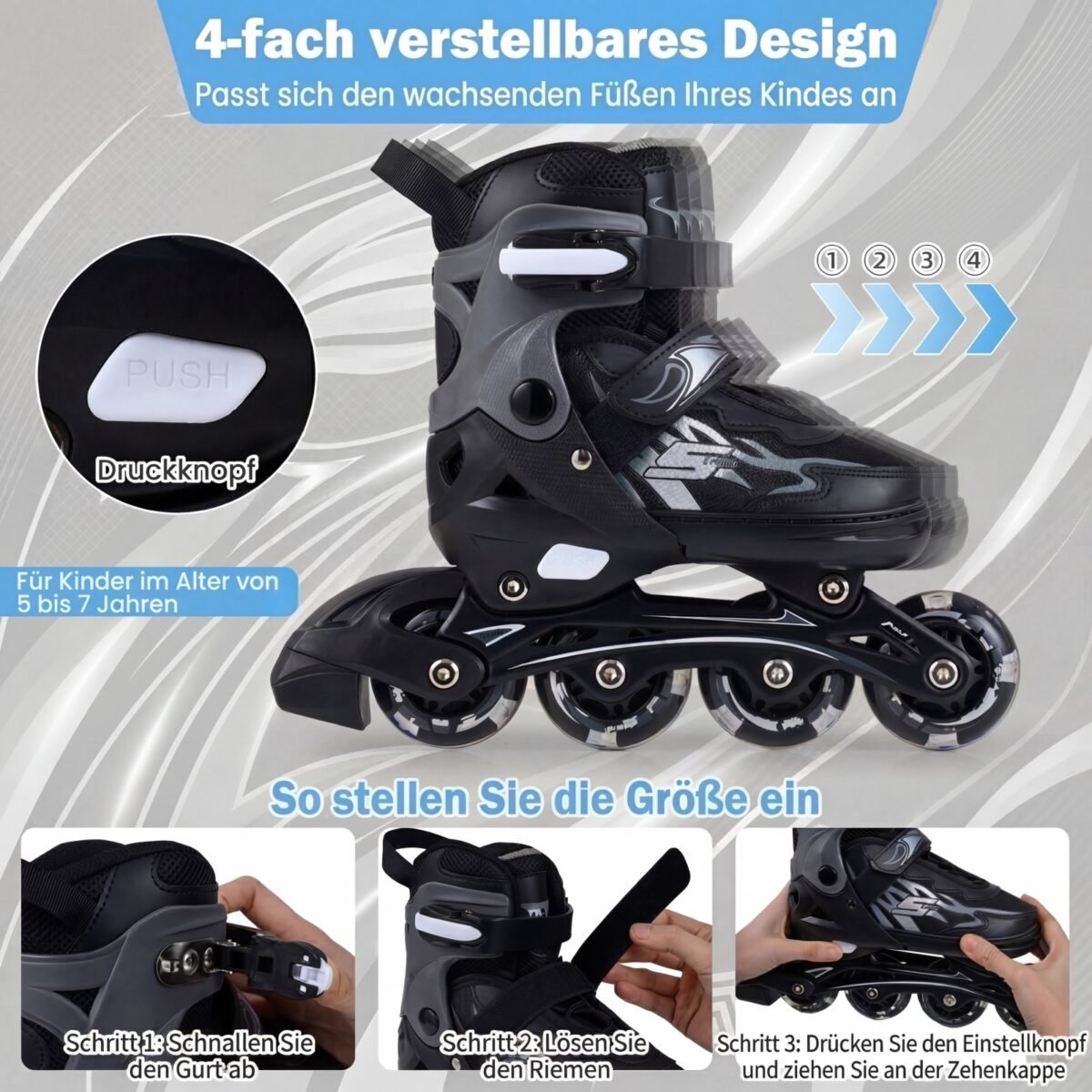 4 padėčių reguliuojami vaikiški riedučiai su šviečiančiais ratukais (EU): 30-33 (Pilka) – Paveikslėlis 3