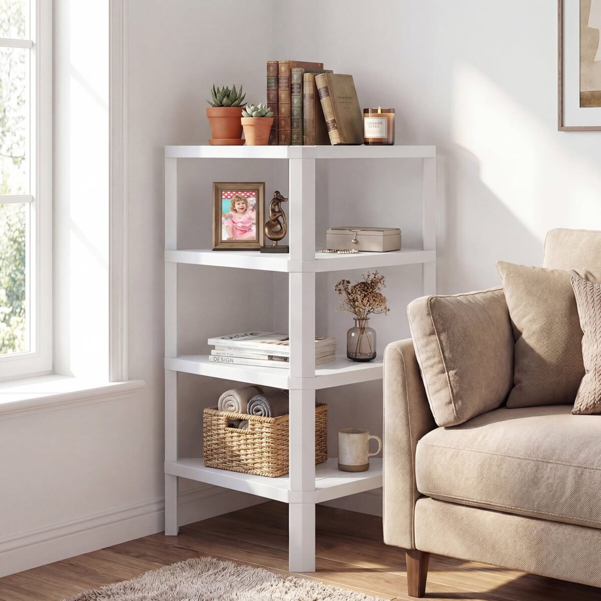 4 pakopų kampinė lentyna su atviromis grotelinėmis lentynomis (Balta) – Paveikslėlis 4