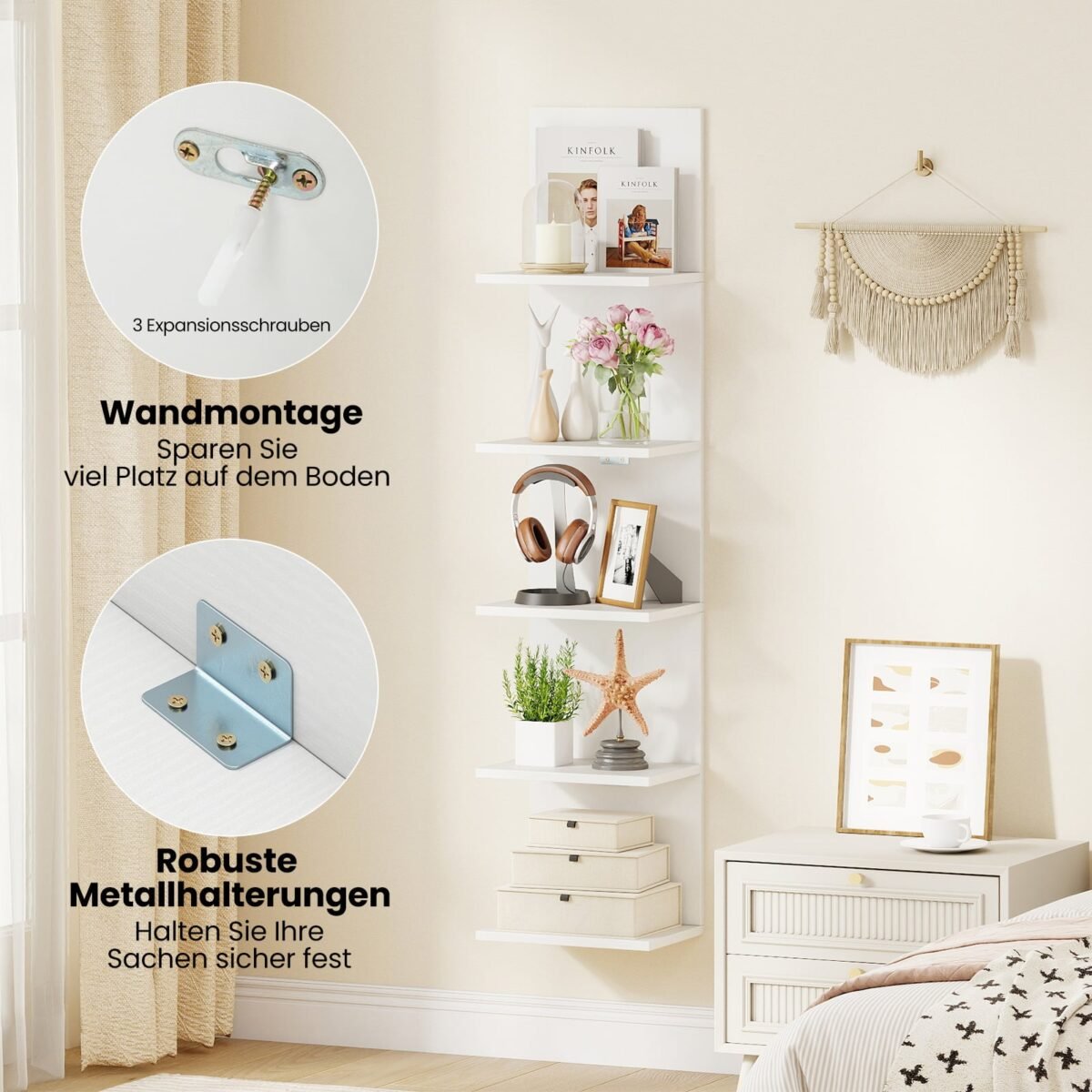 5 aukštų vertikali sieninė pakabinama lentyna (Balta) – Paveikslėlis 4