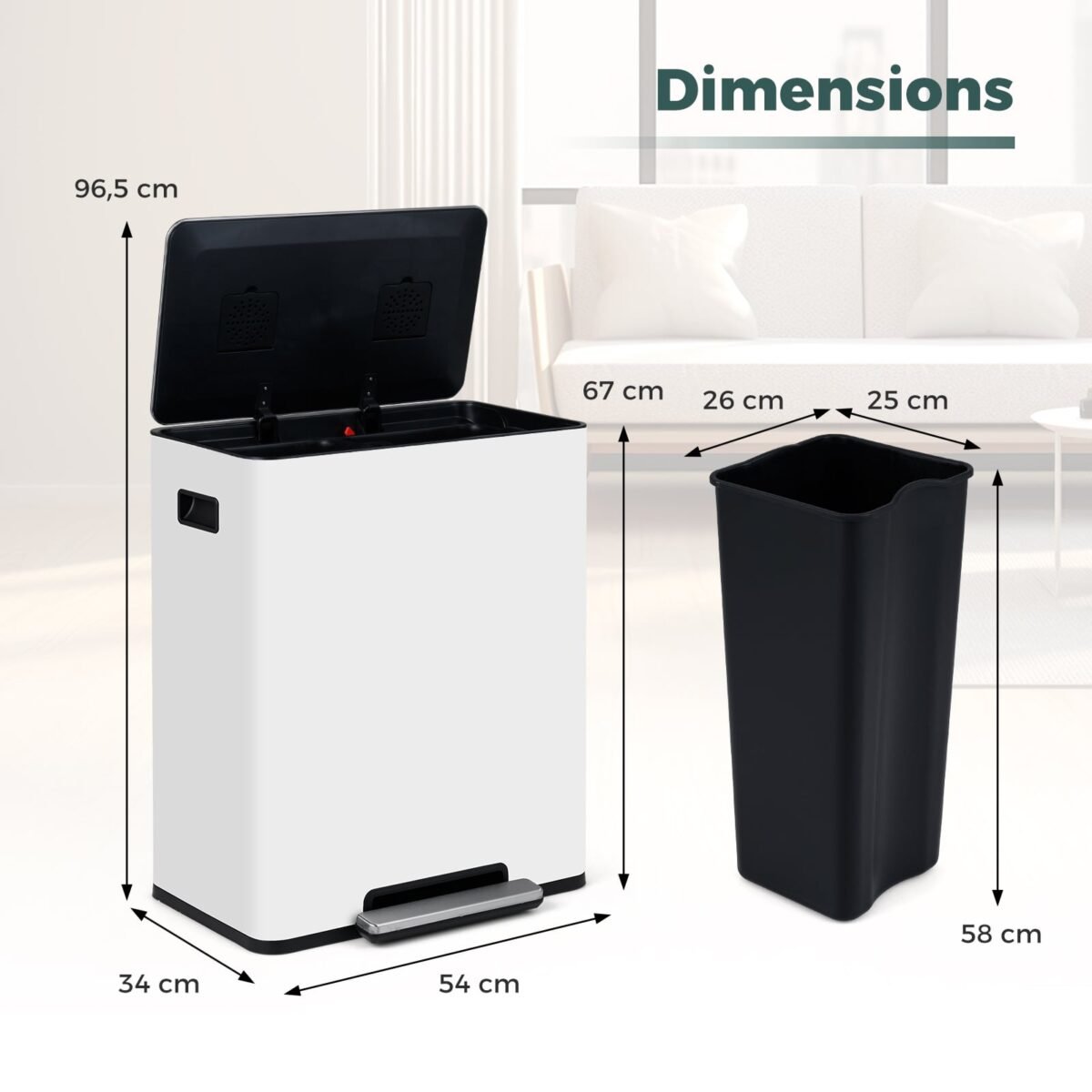 Nerūdijančio plieno šiukšliadėžė su pedalu ir atliekų rūšiavimo funkcija 60L (Balta) – Paveikslėlis 2