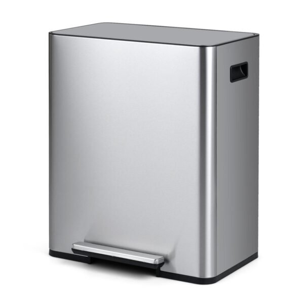 60L nerūdijančio plieno šiukšliadėžė su pedalu ir dviem skyriais (Sidabrinė)