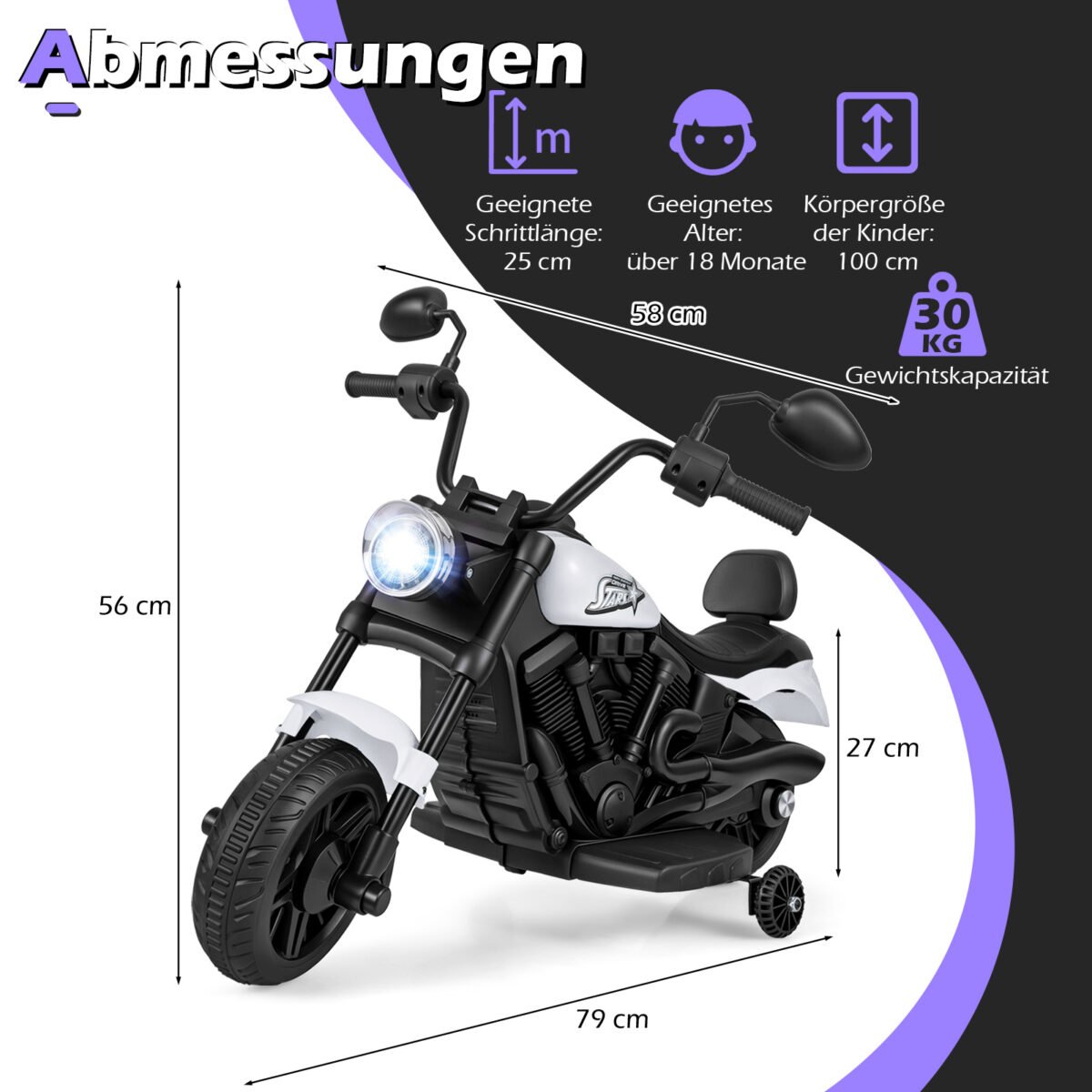 Vaikų elektrinis motociklas su muzika ir atraminiais ratukais 6V (Balta) – Paveikslėlis 2