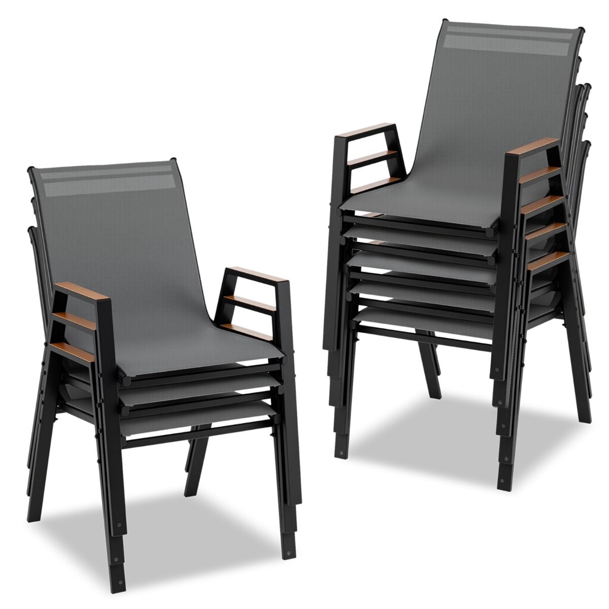 8 dalių sukraunamų sodo kėdžių komplektas su aukštu atlošu ir kvėpuojančiu Teslin audiniu (Pilka)