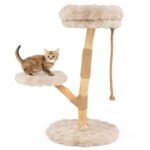 90 cm aukščio medinė kačių draskyklė su 3 pliušinėmis guoliavietėmis (Smėlio spalva)