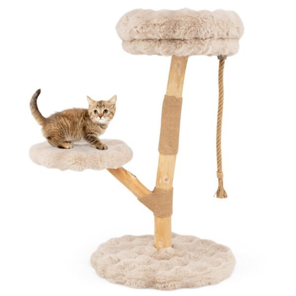 90 cm aukščio medinė kačių draskyklė su 3 pliušinėmis guoliavietėmis (Smėlio spalva)