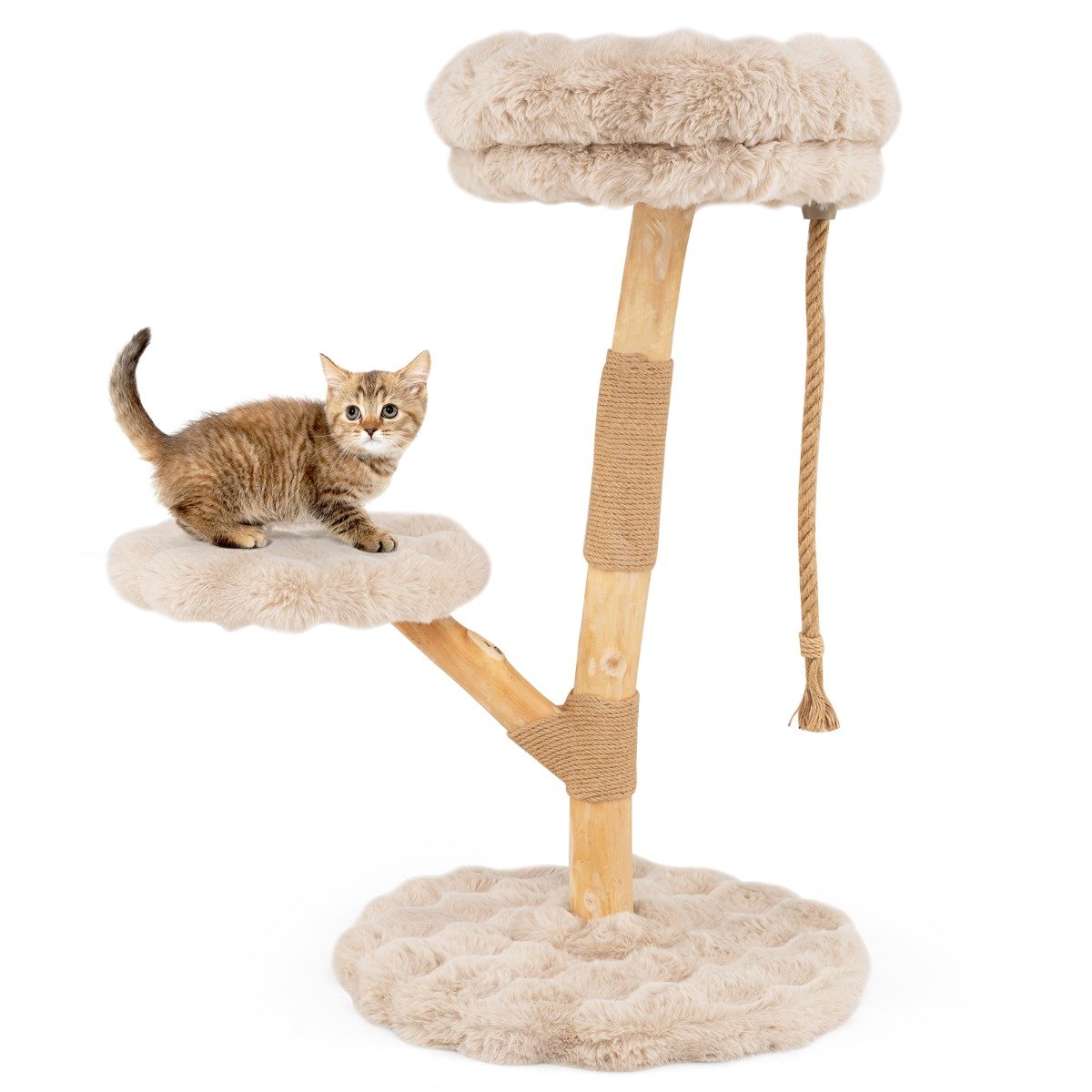 90 cm aukščio medinė kačių draskyklė su 3 pliušinėmis guoliavietėmis (Smėlio spalva)