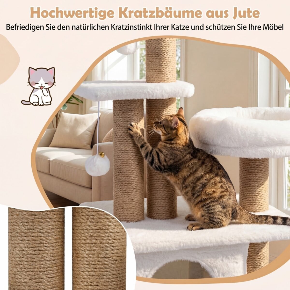 96 cm daugiaaukštė kačių draskyklė su urvu ir gėlės formos guoliu (Smėlio) – Paveikslėlis 5