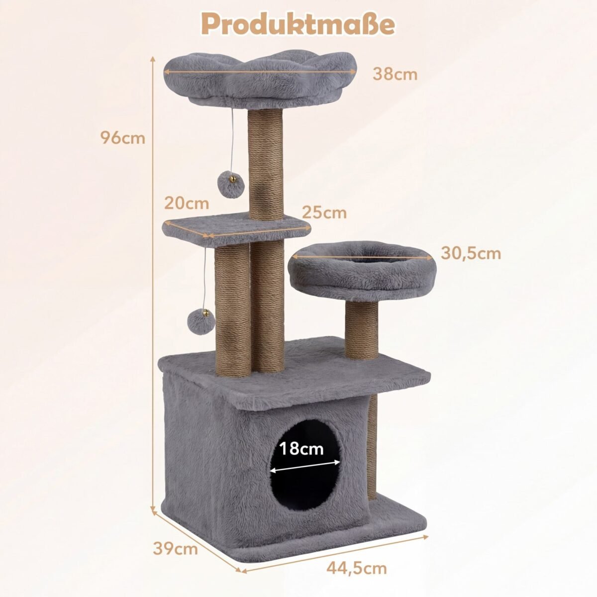 96 cm daugiaaukštė draskyklė katei su nameliu ir gėlės formos platforma (Pilka) – Paveikslėlis 2