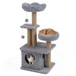 96 cm daugiaaukštė draskyklė katei su nameliu ir gėlės formos platforma (Pilka)