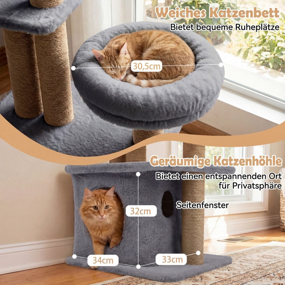 96 cm daugiaaukštė draskyklė katei su nameliu ir gėlės formos platforma (Pilka) – Paveikslėlis 4