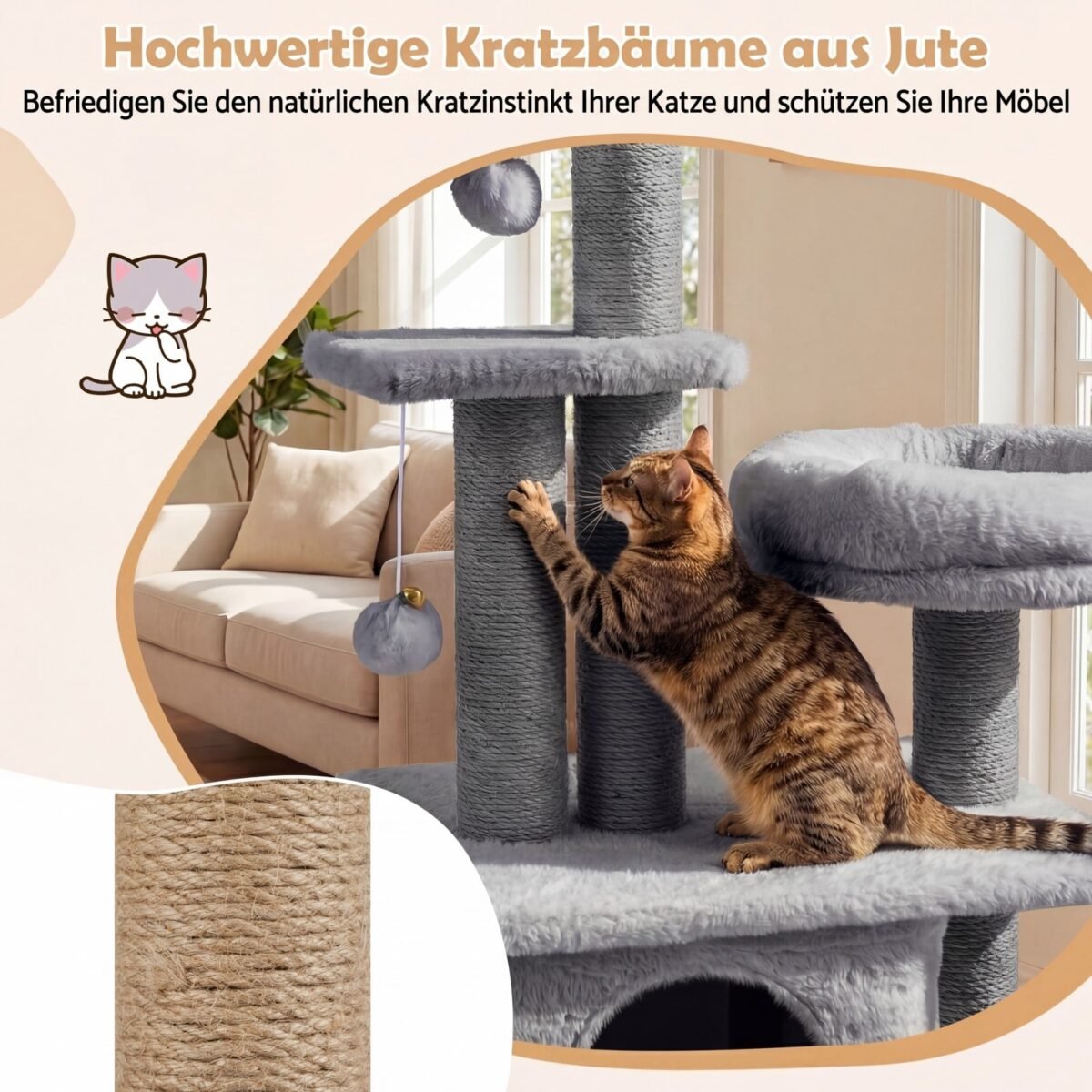 96 cm daugiaaukštė draskyklė katei su nameliu ir gėlės formos platforma (Pilka) – Paveikslėlis 5