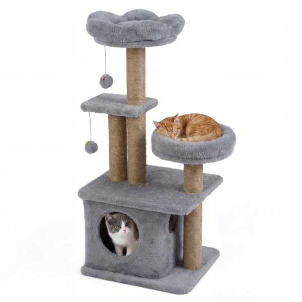 96 cm daugiaaukštė draskyklė katei su nameliu ir gėlės formos platforma (Pilka)