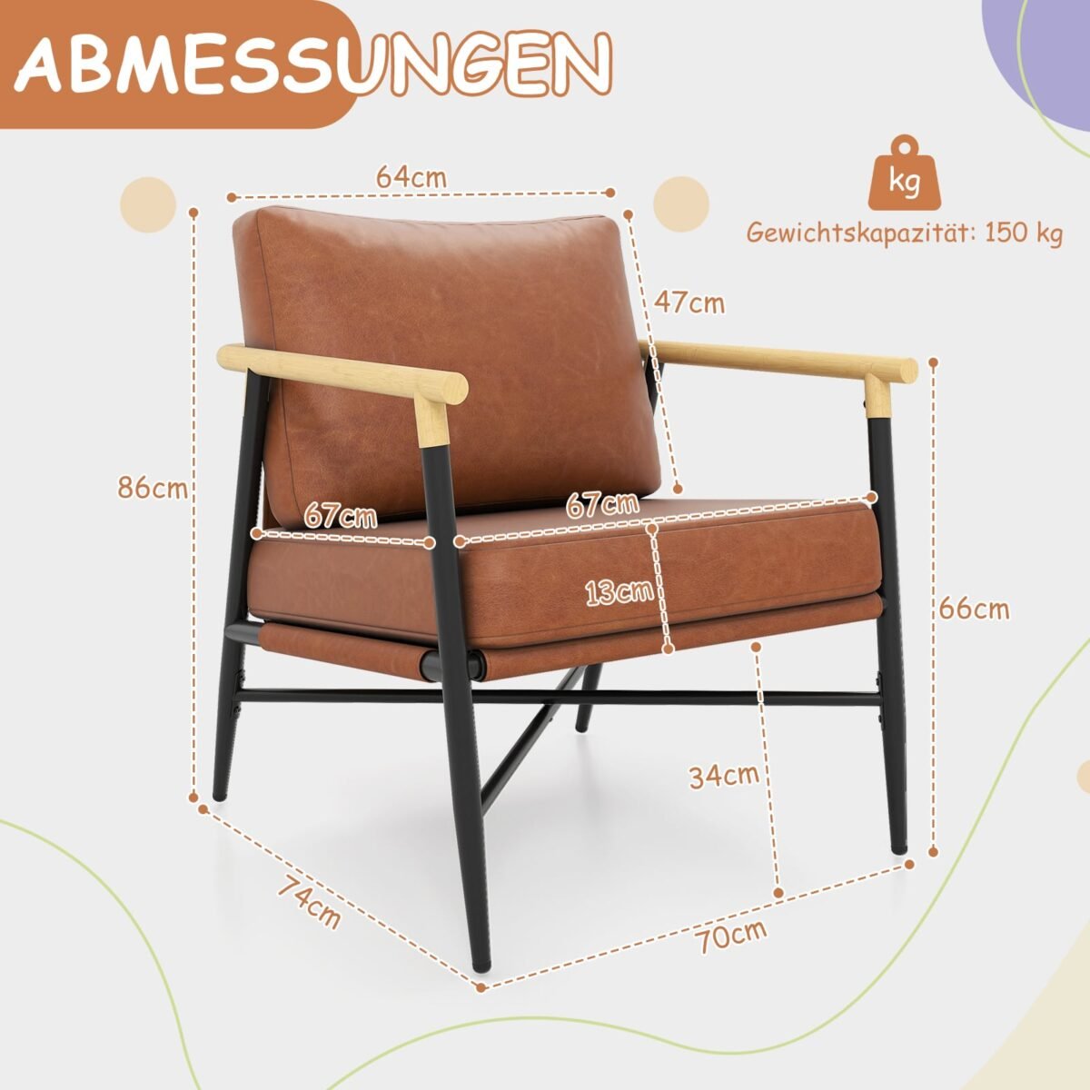 Akcentinis krėslas su dirbtine oda ir metaliniu rėmu (Ruda) – Paveikslėlis 2