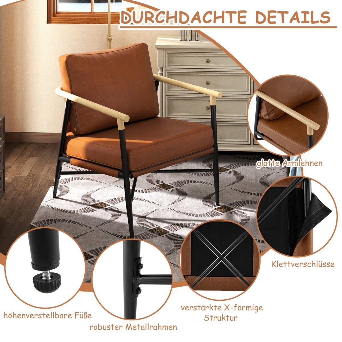 Akcentinis krėslas su dirbtine oda ir metaliniu rėmu (Ruda) – Paveikslėlis 3