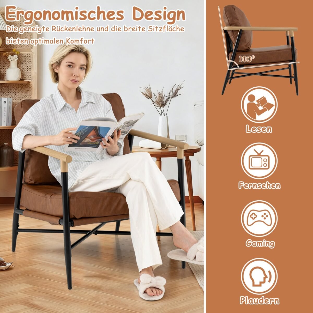 Akcentinis krėslas su dirbtine oda ir metaliniu rėmu (Ruda) – Paveikslėlis 5