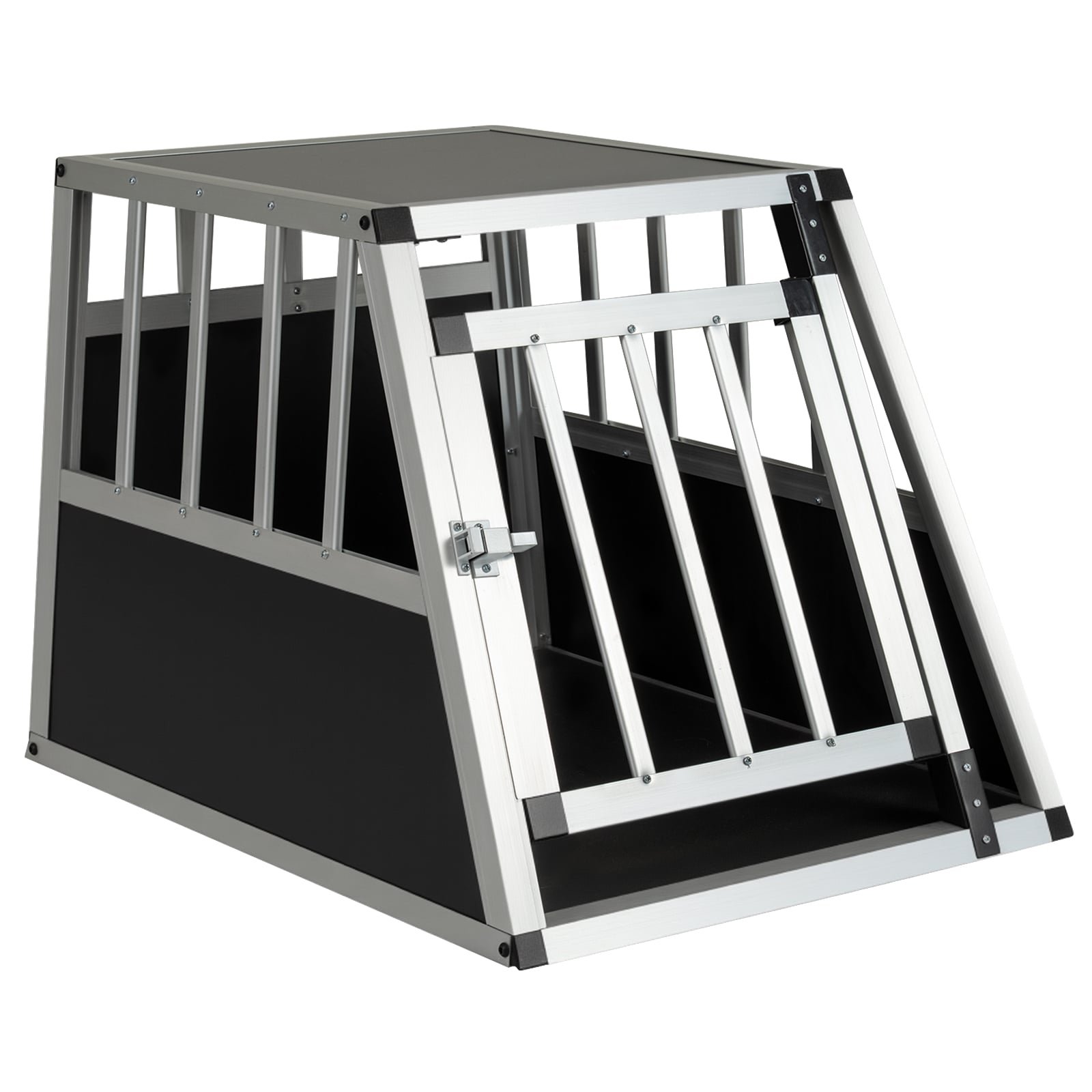 Aliumininė gyvūnų transportavimo dėžė su užrakinamomis durelėmis ir išimama pertvara (Juoda ir sidabrinė)