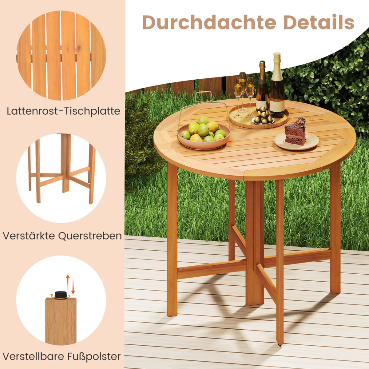 Apvalus sulankstomas akacijos medienos sodo stalas (Natūrali) – Paveikslėlis 5