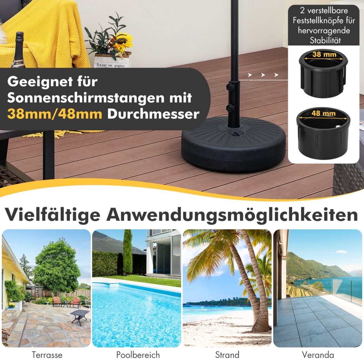 Apvalus užpildomas sodo skėčio stovas su adapteriais Ø 38/48 mm (Juoda) – Paveikslėlis 2