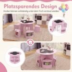 Apvalus vaikiškas stalas su 4 kėdutėmis ir integruotomis daiktadėžėmis (Rožinė)