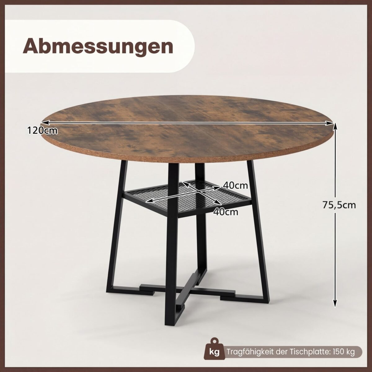 Apvalus valgomojo stalas su atvira lentyna Ø120 cm (Kaimiška ruda) – Paveikslėlis 2