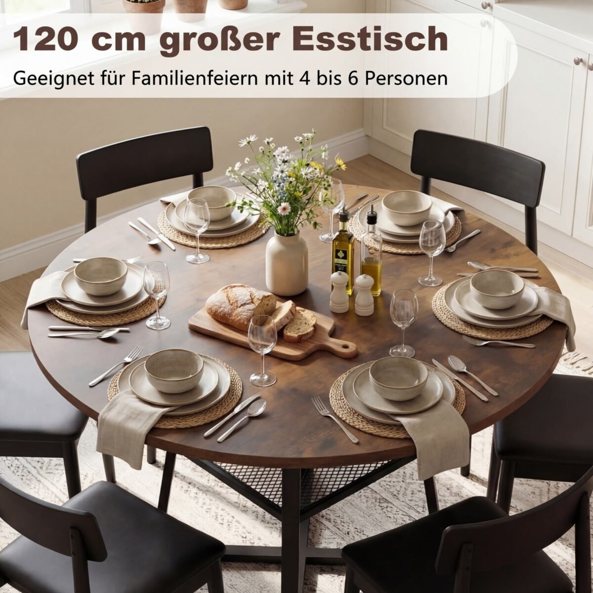 Apvalus valgomojo stalas su atvira lentyna Ø120 cm (Kaimiška ruda) – Paveikslėlis 4