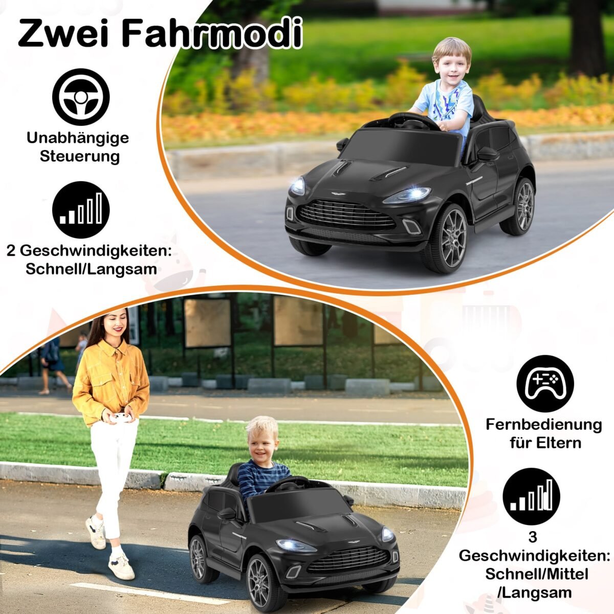 Aston Martin licencijuotas elektrinis vaikiškas automobilis su garso ir šviesos efektais (Juoda)