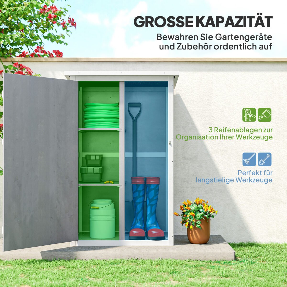 Atspari oro sąlygoms sodo įrankių spintelė su lentynomis – Paveikslėlis 4