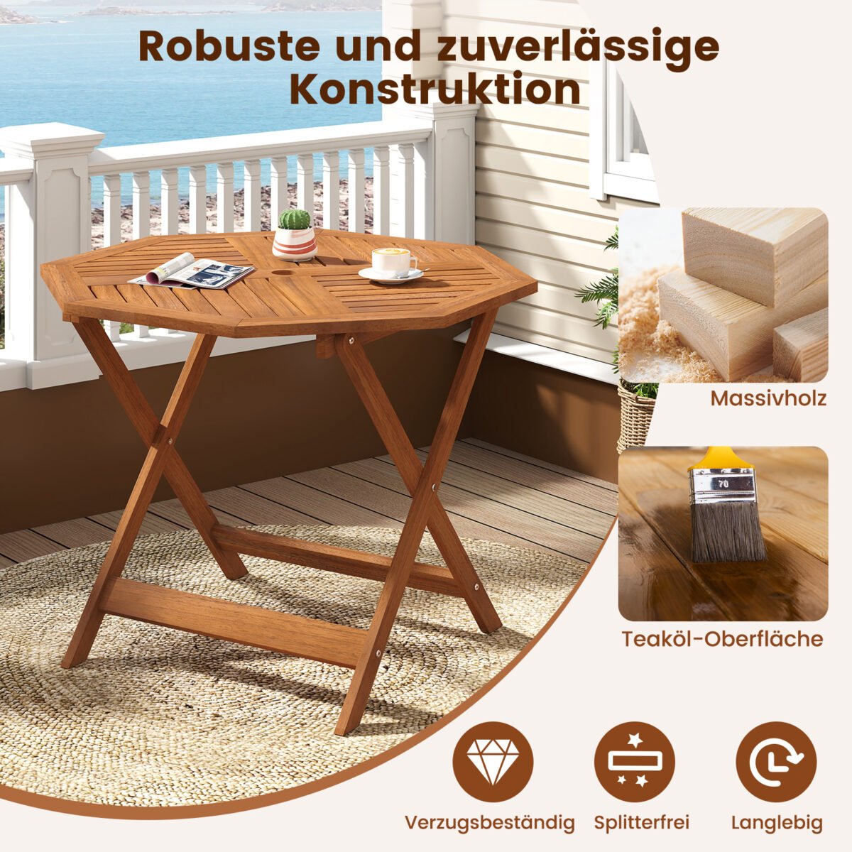 Atsparus oro sąlygoms aštuonkampis medinis stalas su anga skėčiui (Natūrali) – Paveikslėlis 3