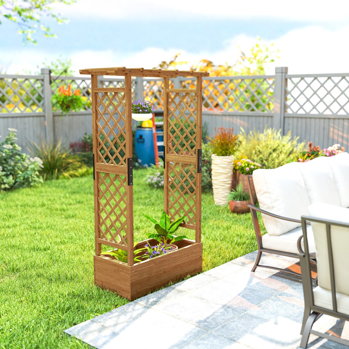 Aukšta medinė lysvė su atraminėmis grotelėmis ir stogeliu – Paveikslėlis 9