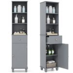 Aukšta siaura vonios spintelė su lentynomis ir stalčiumi (Pilka)