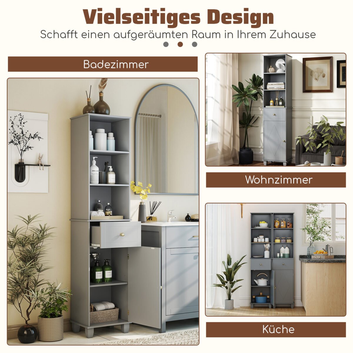 Aukšta siaura vonios spintelė su lentynomis ir stalčiumi (Pilka)