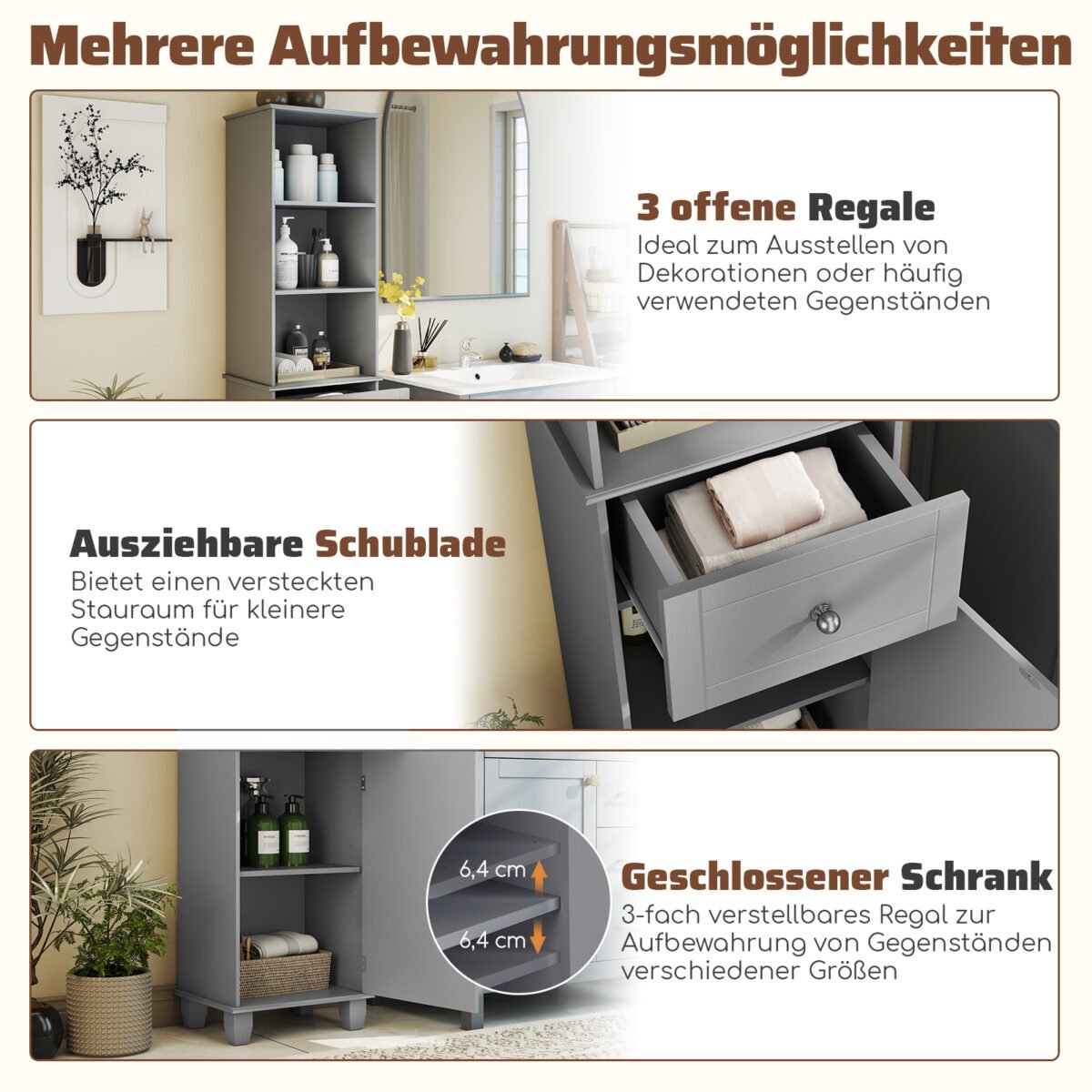 Aukšta siaura vonios spintelė su lentynomis ir stalčiumi (Pilka) – Paveikslėlis 4