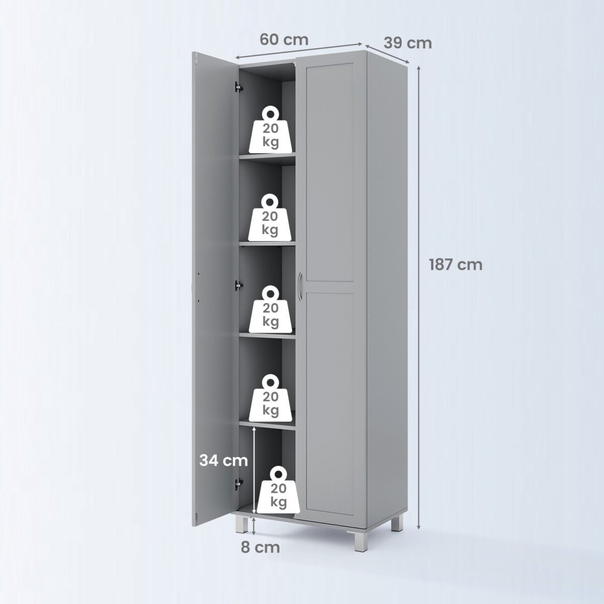 Aukšta universali spinta su 2 durelėmis ir reguliuojama lentyna (Pilka) – Paveikslėlis 2
