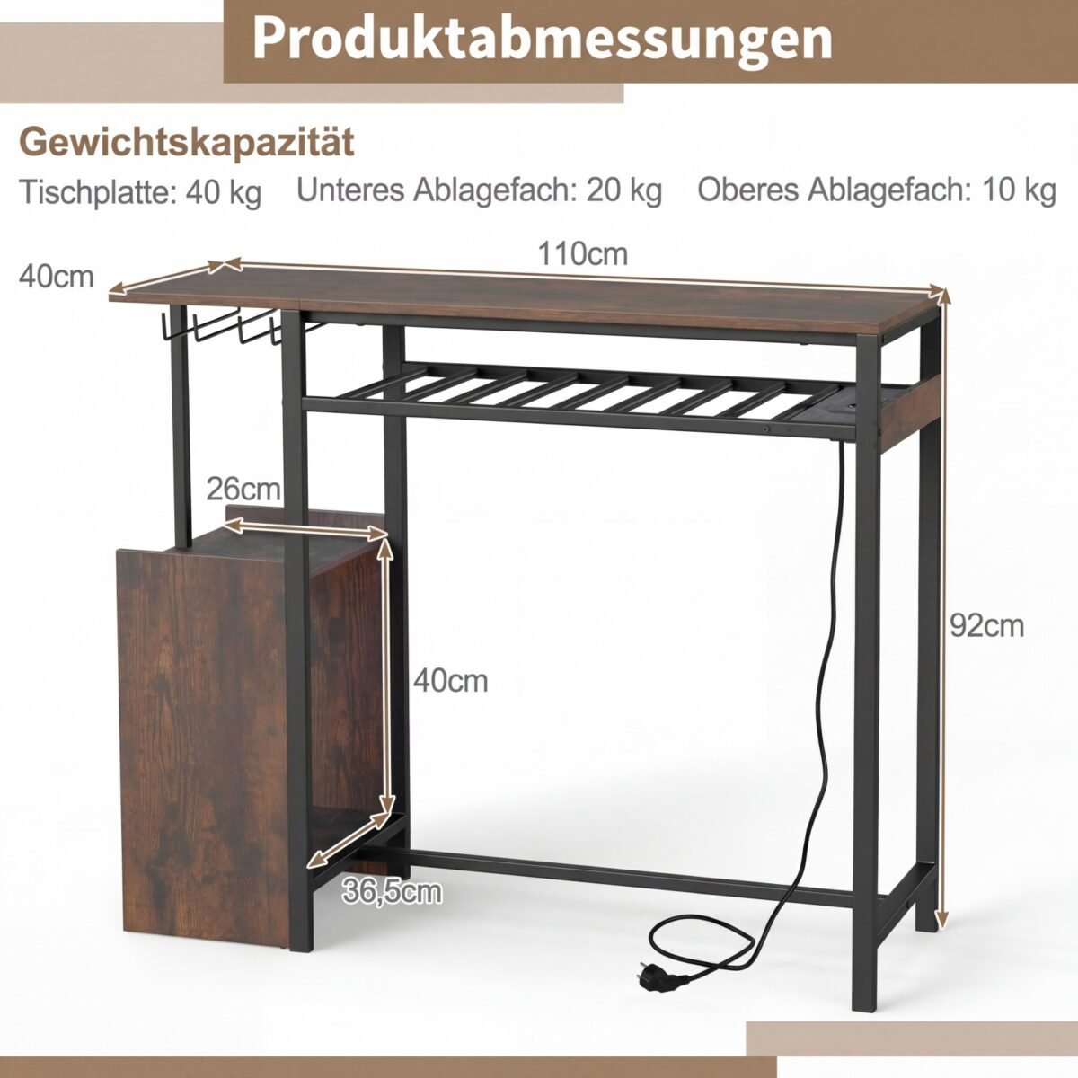 Baro stalas su RGB apšvietimu ir integruota įkrovimo stotele (Ruda) – Paveikslėlis 2