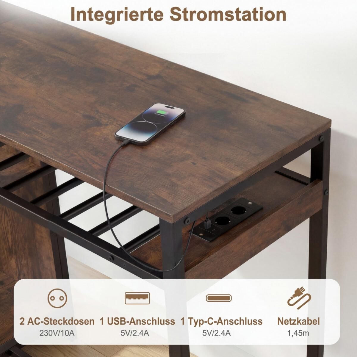 Baro stalas su RGB apšvietimu ir integruota įkrovimo stotele (Ruda) – Paveikslėlis 5