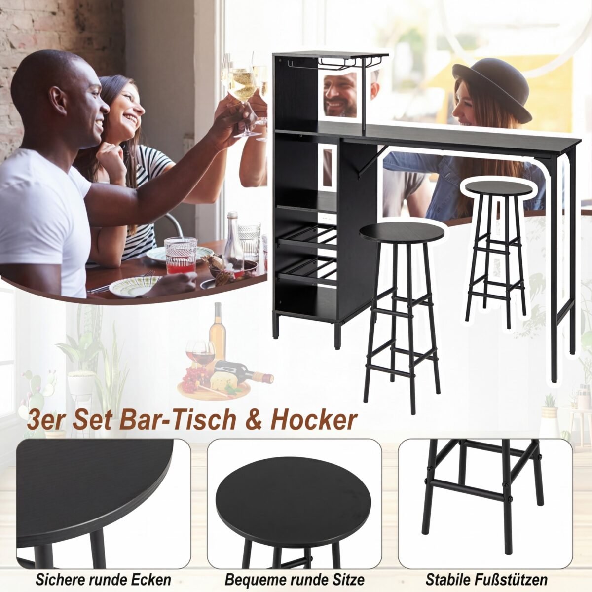 Baro stalo komplektas su vyno laikikliais ir šoninėmis lentynomis (Juoda) – Paveikslėlis 3