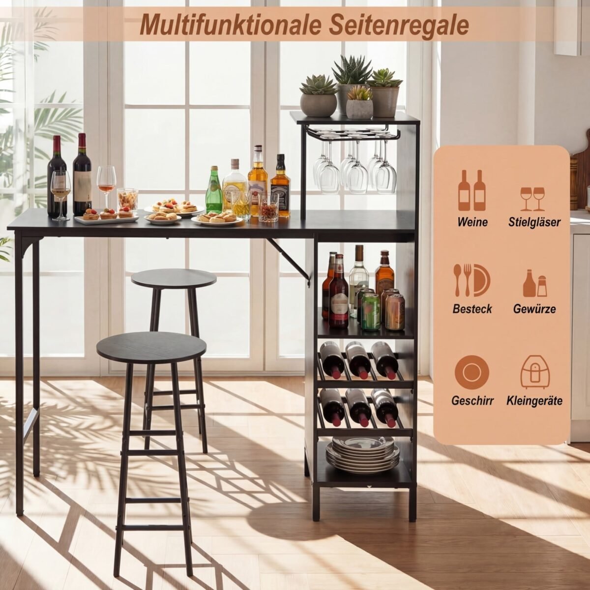 Baro stalo komplektas su vyno laikikliais ir šoninėmis lentynomis (Juoda) – Paveikslėlis 5