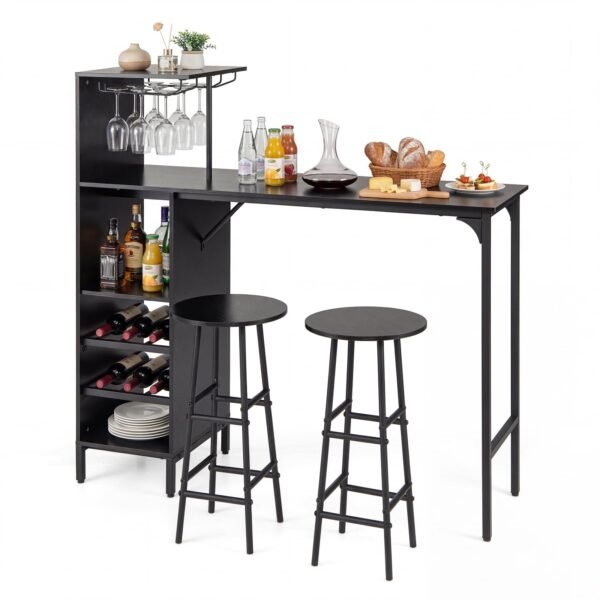 Baro stalo komplektas su vyno laikikliais ir šoninėmis lentynomis (Juoda)
