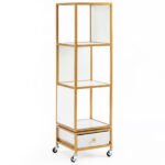 Besisukanti 4 aukštų knygų lentyna su ratukais ir stalčiumi (Balta)