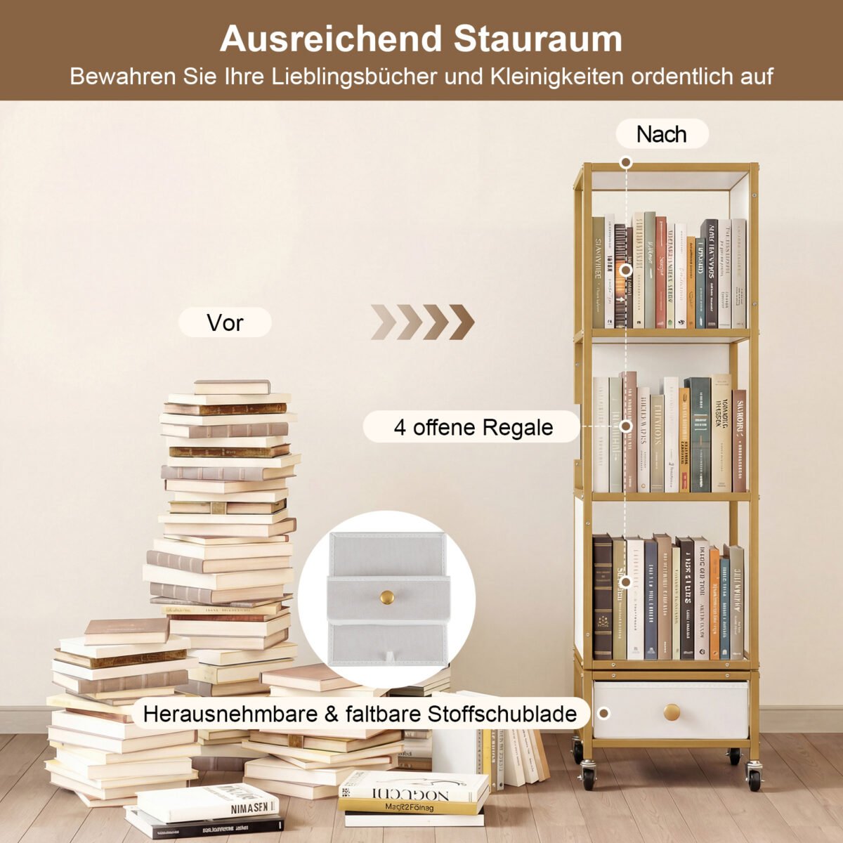 Besisukanti 4 aukštų knygų lentyna su ratukais ir stalčiumi (Balta) – Paveikslėlis 3