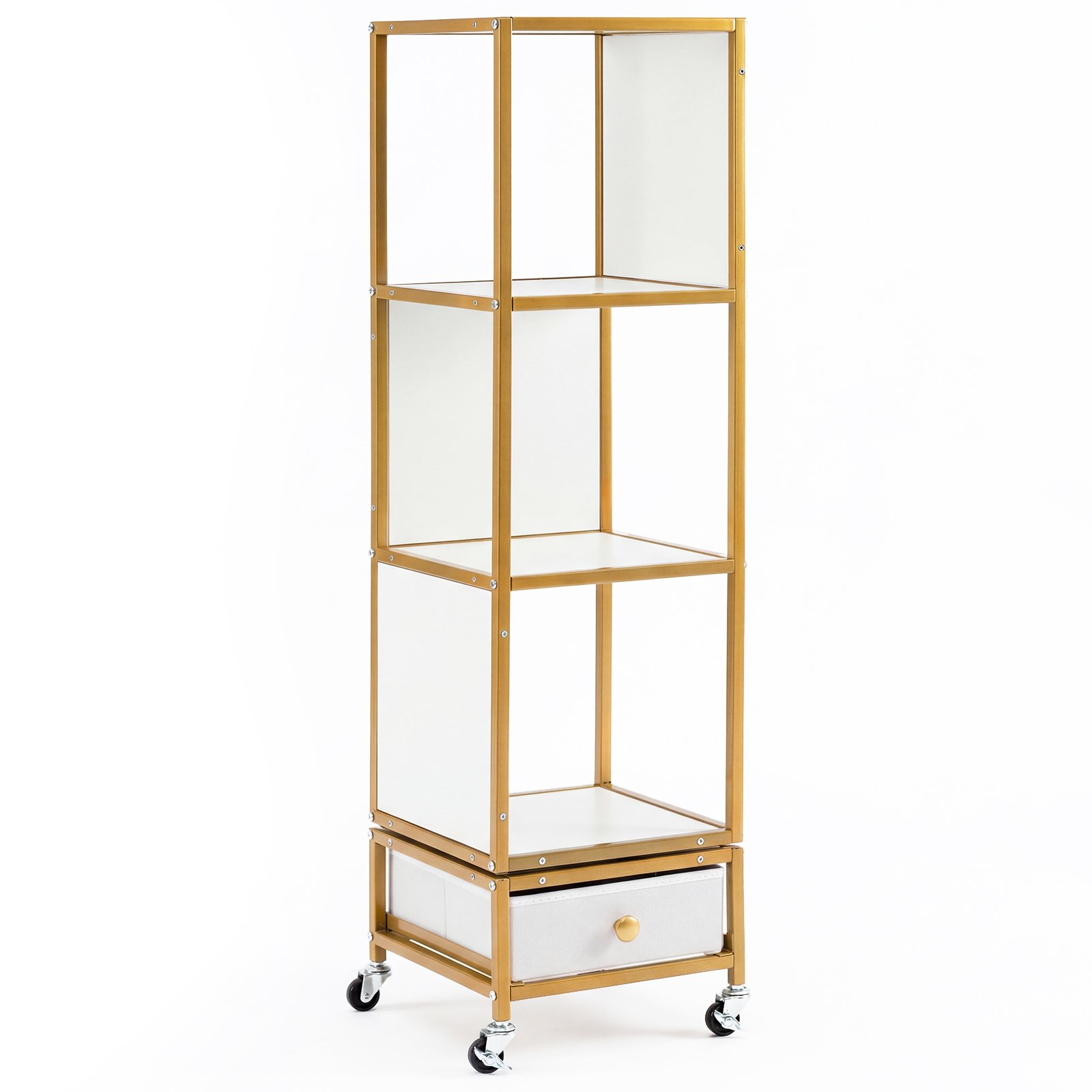 Besisukanti 4 aukštų knygų lentyna su ratukais ir stalčiumi (Balta)