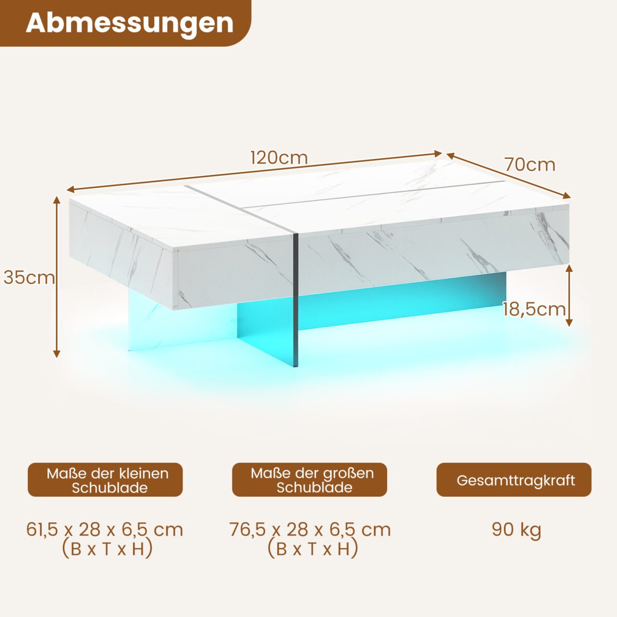 Blizgus kavos staliukas su LED apšvietimu ir 3 stalčiais (Juoda ir balta) – Paveikslėlis 2