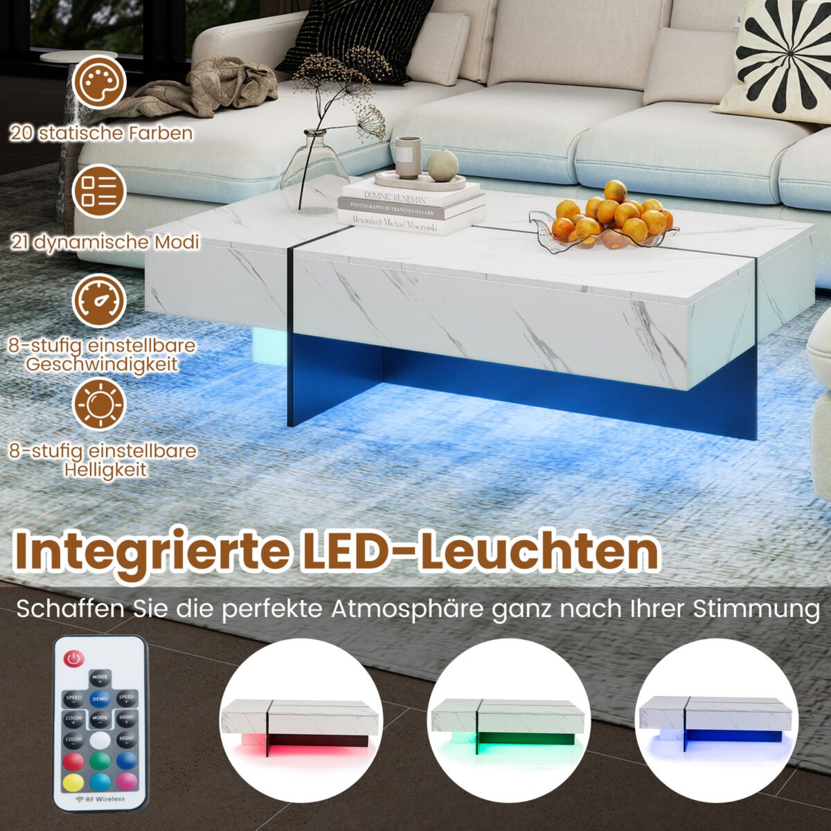 Blizgus kavos staliukas su LED apšvietimu ir 3 stalčiais (Juoda ir balta) – Paveikslėlis 3