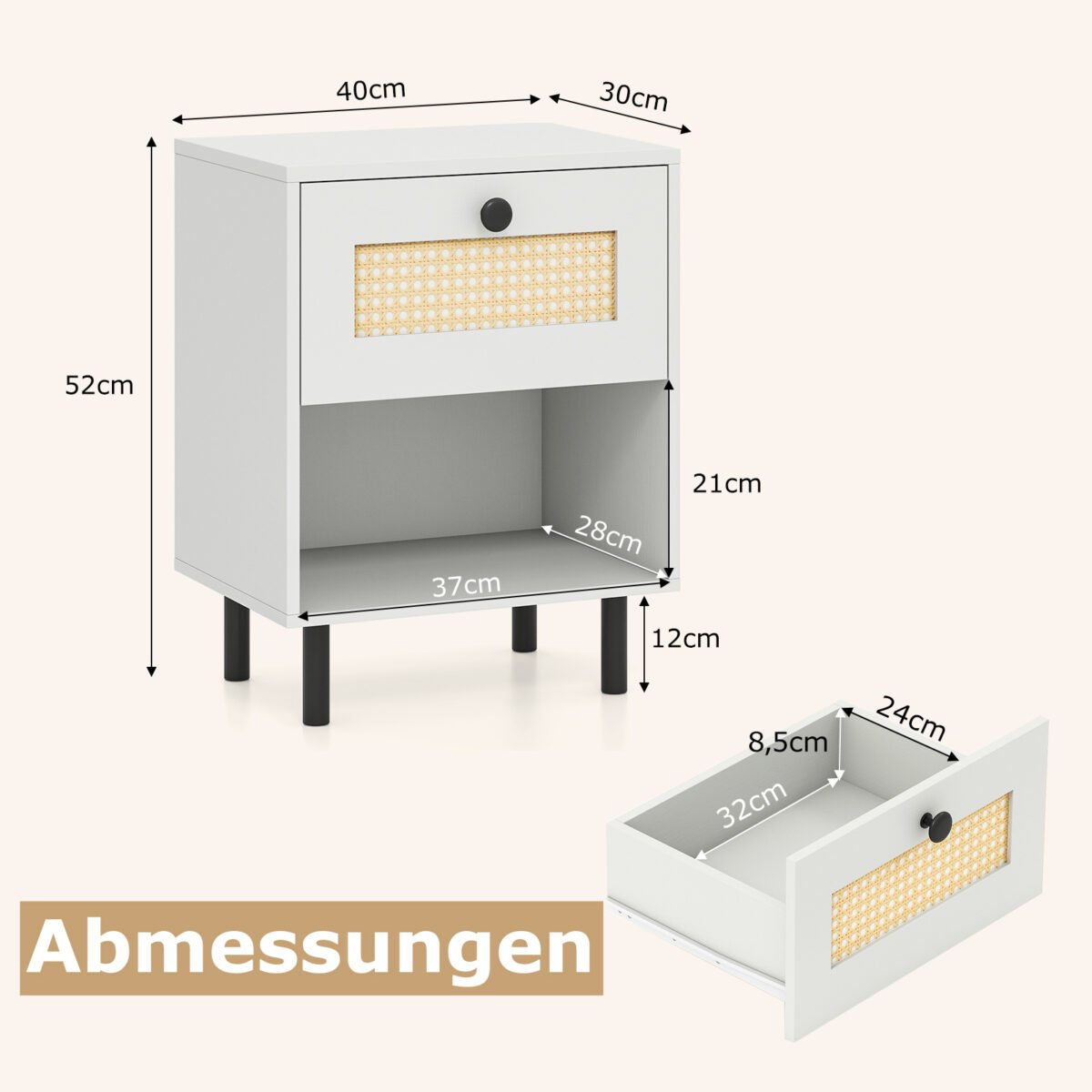 Boho stiliaus naktinis staliukas su rotango stalčiumi (2 vnt. komplektas) (Balta) – Paveikslėlis 2